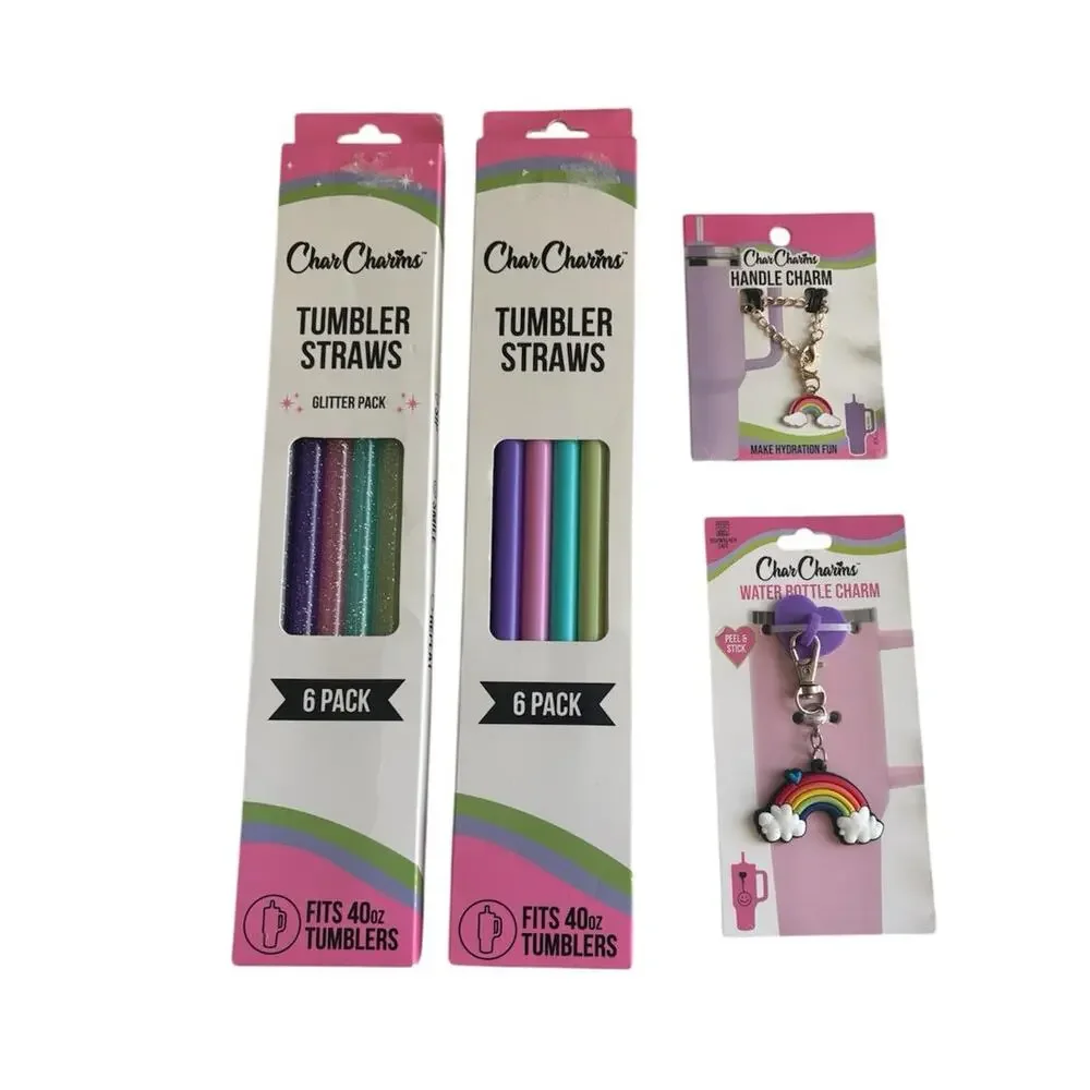 NEW CharCharms 40 oz. Colorful Tumbler Straws & Rainbow Charm Accessory Bundle